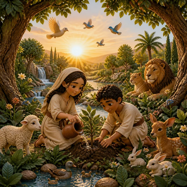 Storybook children tend a seedling beside a stream, with birds and animals in a sunlit garden.