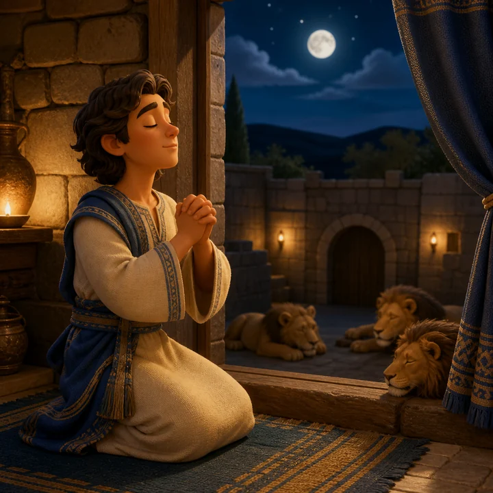 A storybook imagining of Daniel praying, with resting lions beyond the window.