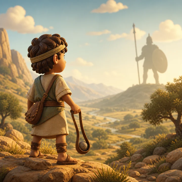 Young David holds a sling while Goliath stands in the distance.