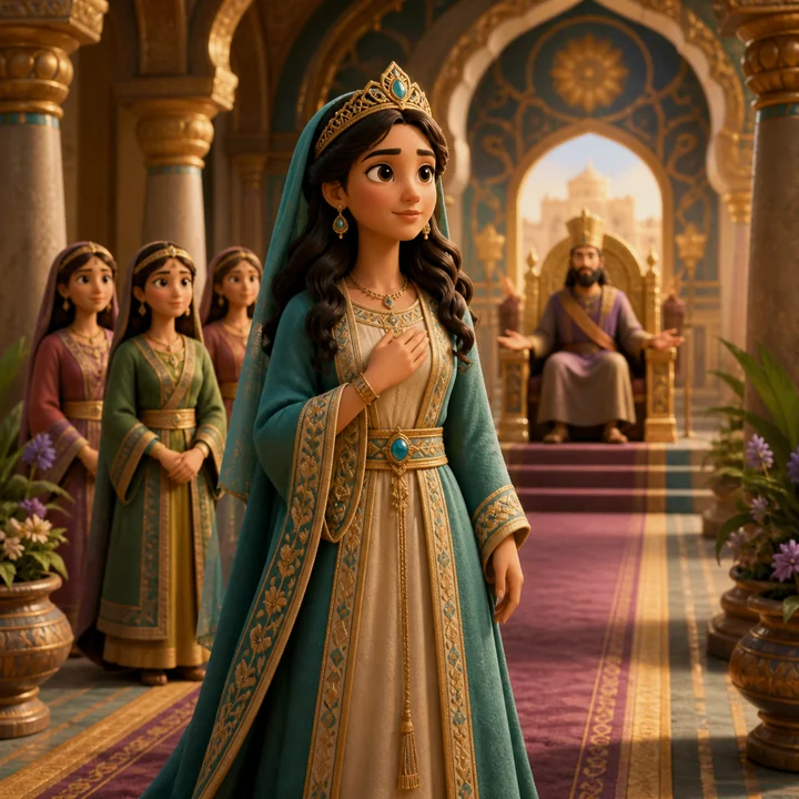 Esther prepares to approach the king in a palace hall.