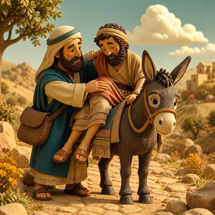 A Samaritan helps an injured traveler onto a donkey.