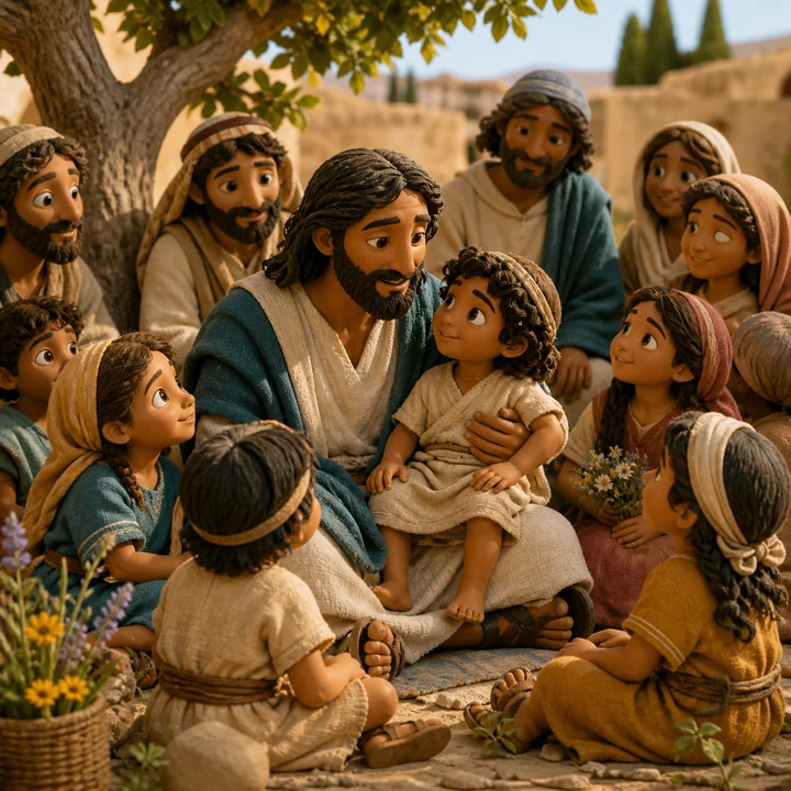 Jesus welcomes children gathered beneath a tree.