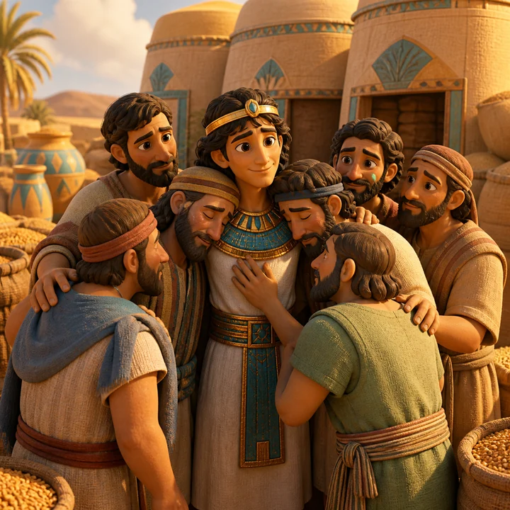 Joseph embraces his brothers in an Egyptian courtyard.
