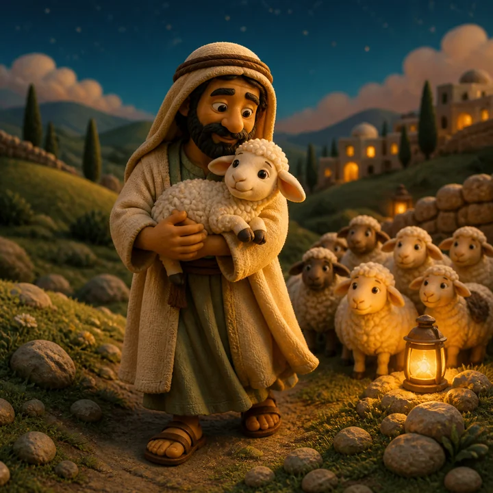 A shepherd holds a recovered sheep beside the waiting flock.