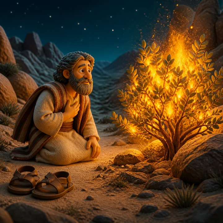 Moses kneels beside the burning bush, with his sandals set aside.