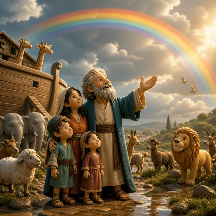Noah and his family look toward a rainbow beside the ark and animals.