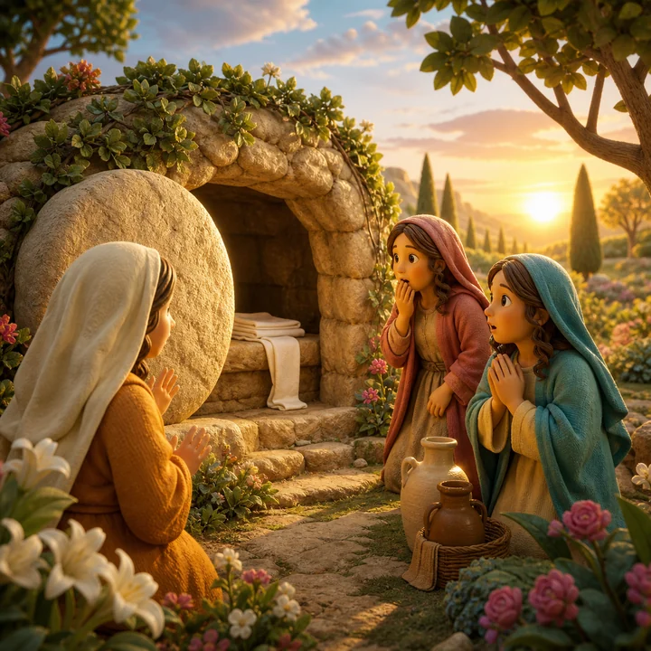 Women discover the open tomb and folded burial cloths at sunrise.