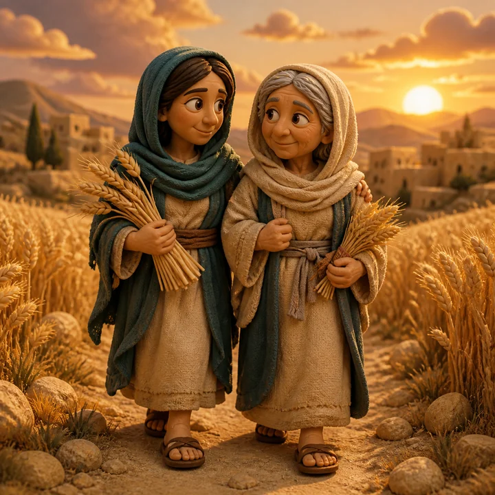 Ruth and Naomi walk together carrying sheaves of grain.