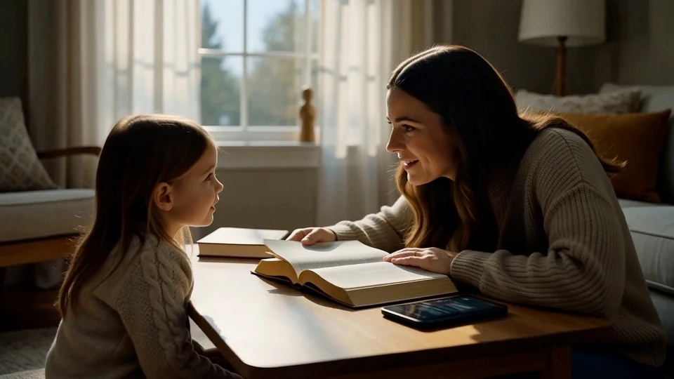 A parent and child sit together with an open Bible.